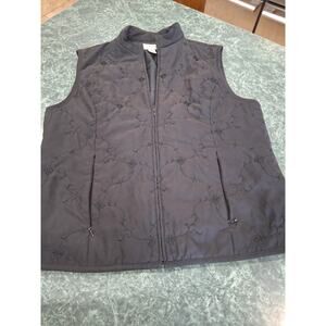 Talbots Women’s Quilted Zip Up Vest Black Floral Embroidered Sleeveless Size M